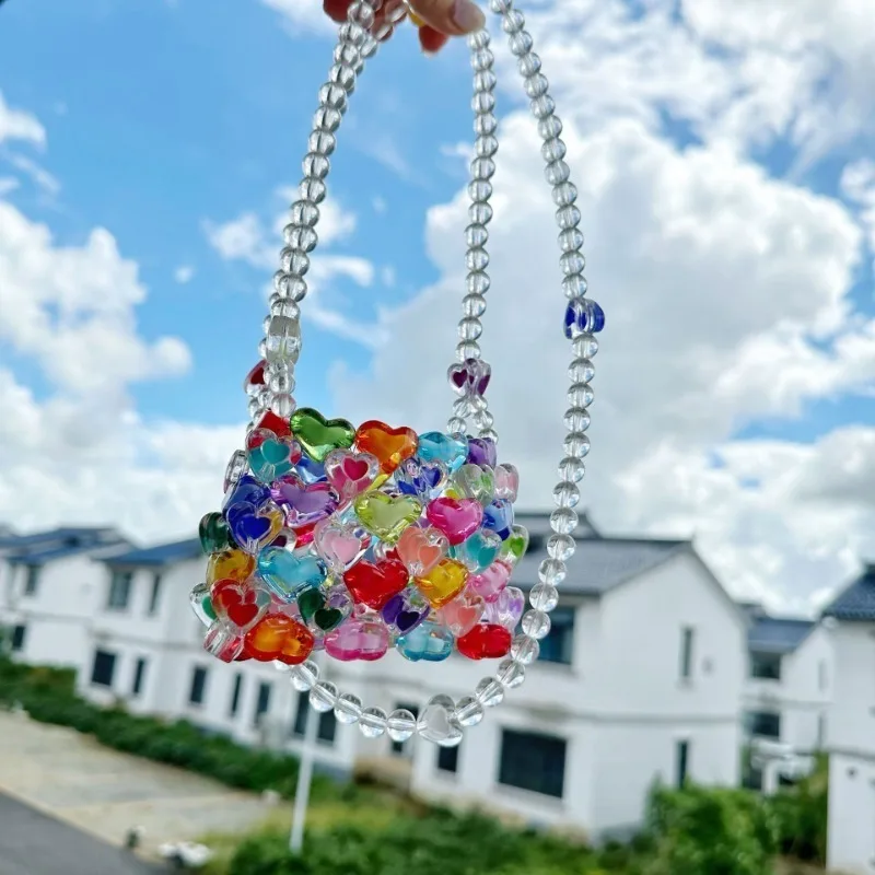 Colorful Transparent Heart Beaded Mini Handbag Cute Y2K Crystal Bead Woven Shoulder Bag Small Sweet Candy Color Love Bead Crossbody Purse for Party Dating