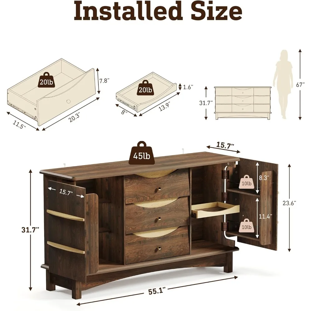 Armadietto da buffet con credenza grande con 3 cassetti, manico in legno massello, stazione moderna da bar