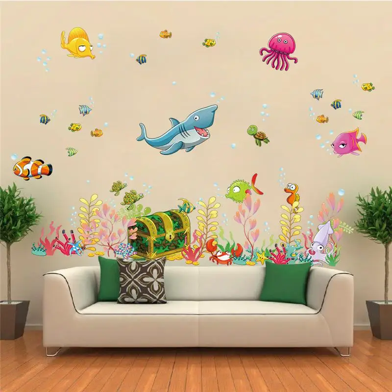 Vivid Deep Sea World Fish Sealifes Wall Sticker For Kindergarten Kids Room Bathroom Home Decoration Cartoon Mural Art Pvc Decals