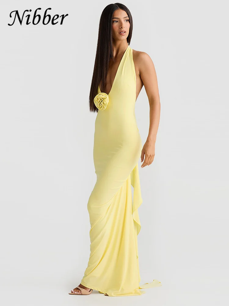 Nibber-Vestido maxi elegante com decote em v para mulheres, vestido de noite, flores sem costas, fitas, vestido feminino Bodycon, rua alta