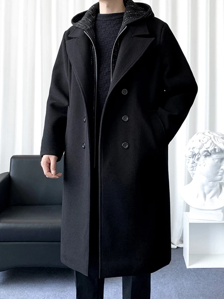 

Bla Woolen Men's Coat Youthful Urban Faion Splicing Design Mid-Length Windbreaker Outerwear Warmth-Kee Long Sves