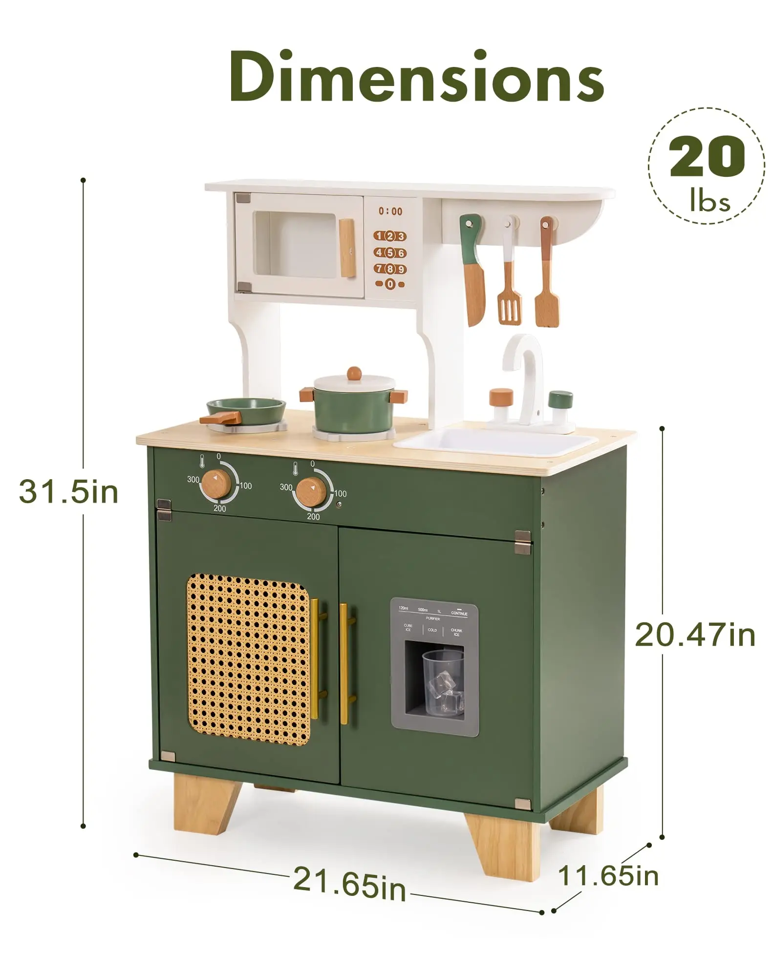 ROBOTIME Dapur Bermain dengan Dispenser Es Batu Pura-pura, Set Permainan Dapur Anak Kayu, Set Dapur Mainan untuk Balita (Hijau Antik)
