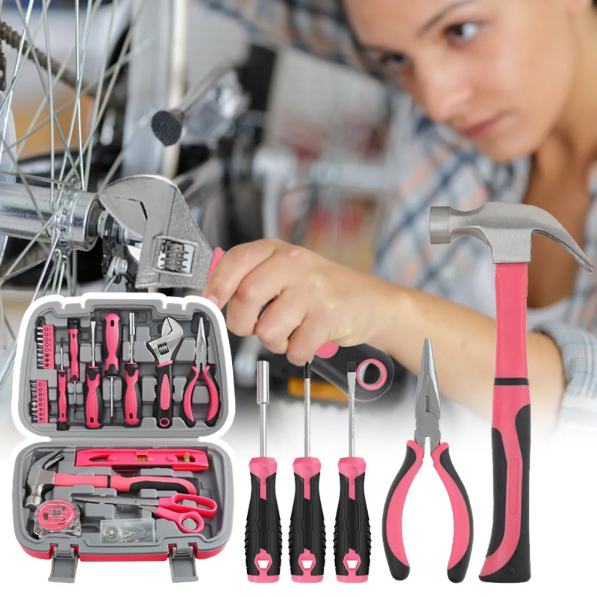 ชุดเครื่องมือช่าง Hi-Spec 67 ชิ้น สีชมพู ชุดเครื่องมือซ่อมแซมบ้าน ชุดไขควง กล่องเครื่องมือ กรรไกร ค้อนหงอน สำหรับใช้ในบ้าน