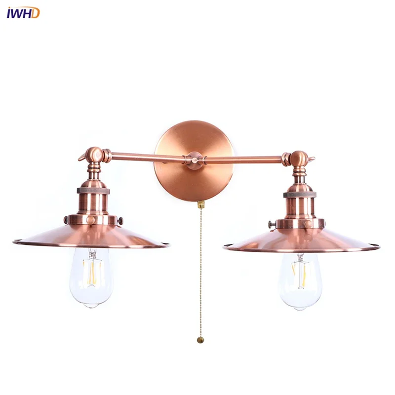 

IWHD Pull Chain Switch LED Wall Light With Two Heads Decor Hotel Bedroom Bedside Lamp Industrial Luminaire Pink Loft Wandlamp