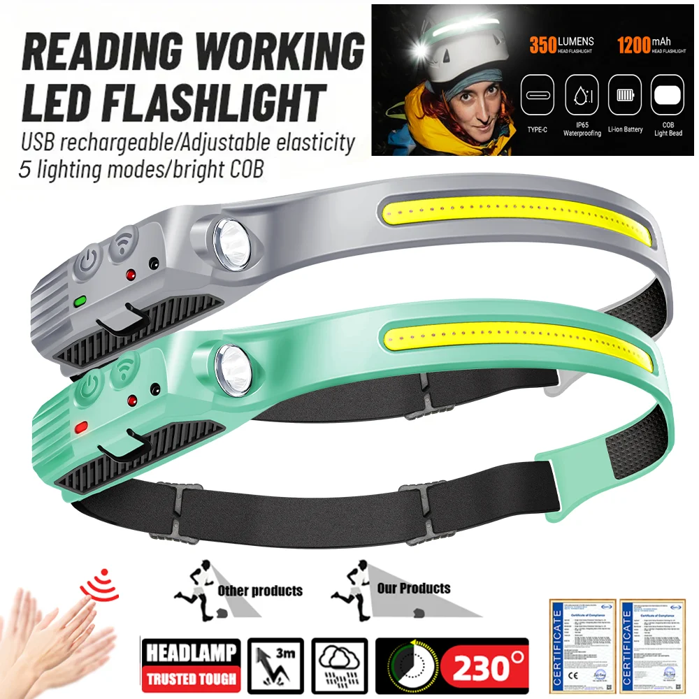 

KDULIT светодиодный COB индукционный налобный фонарь USB аккумуляторная лампа водонепроницаемый фонарь для наружного кемпинга, рыбалки, бега, аварийного освещения