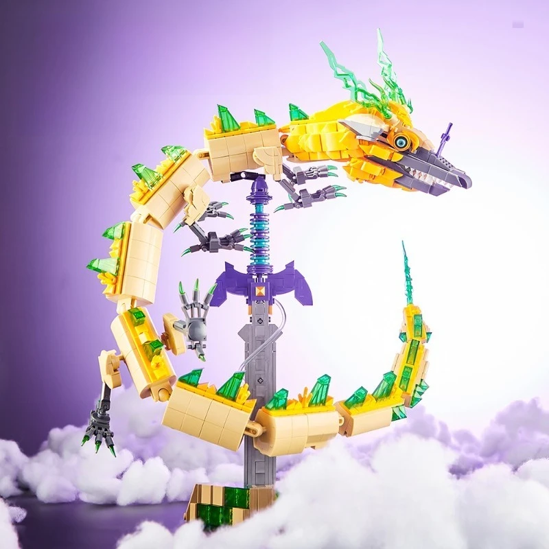 

Mini Bricks Light Up Fantasy Dragon MOC Model, Holy Sword Combination DIY Assembly Tabletop Collectible Display Ornament