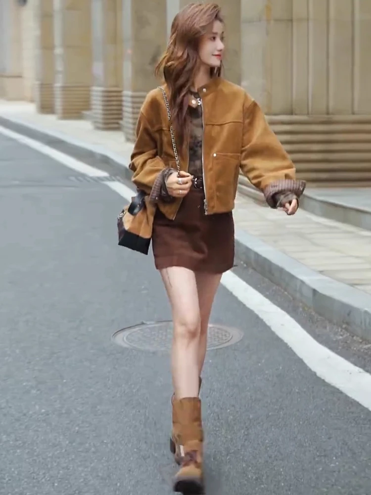 

Sli Suede ort Jaet Women's 2025 Autumn Trend Vintage Motorcycle Biker Jaet Top Casual Commute Sle Loose Fit