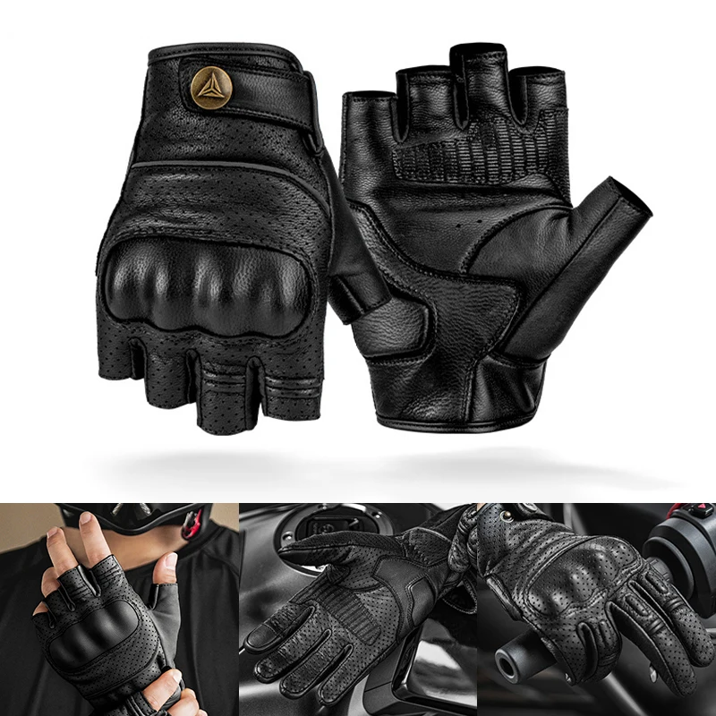 

Summer Motocross Protective Gear Goatskin Leather Half finger Riding Gloves Outdoor Sports Gloves Breathable Motorcycle Gloves