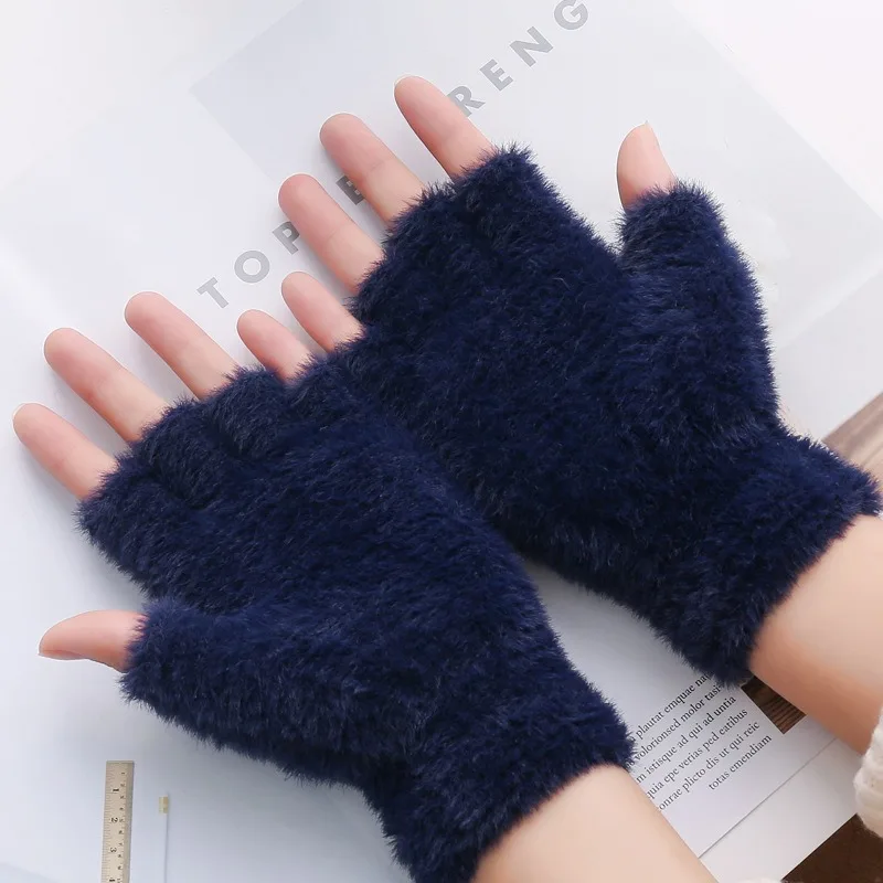 Women Men Half Finger Winter Imitation Mink Cashmere Gloves Touch Screen Writing Woolen Warm Mittens For Driving Outdoor Sports