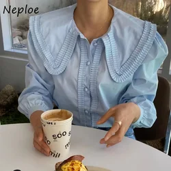 Neploe Spring Blusas Mujer De Moda 2024 Peter Pan Collar Pleated Solid Color Blouses Puff Long Sleeve Single-breasted Shirts