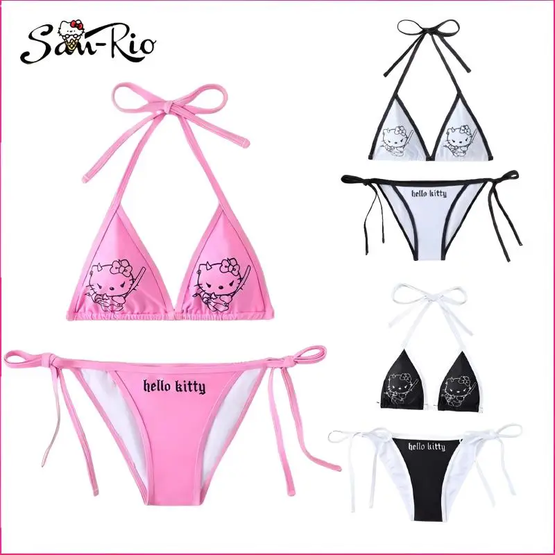 Conjunto de biquíni Hello Kitty para mulheres, maiô Sanrio, calcinha de praia, moda praia sexy, biquínis de verão, roupas Y2K, 2 peças, 2024