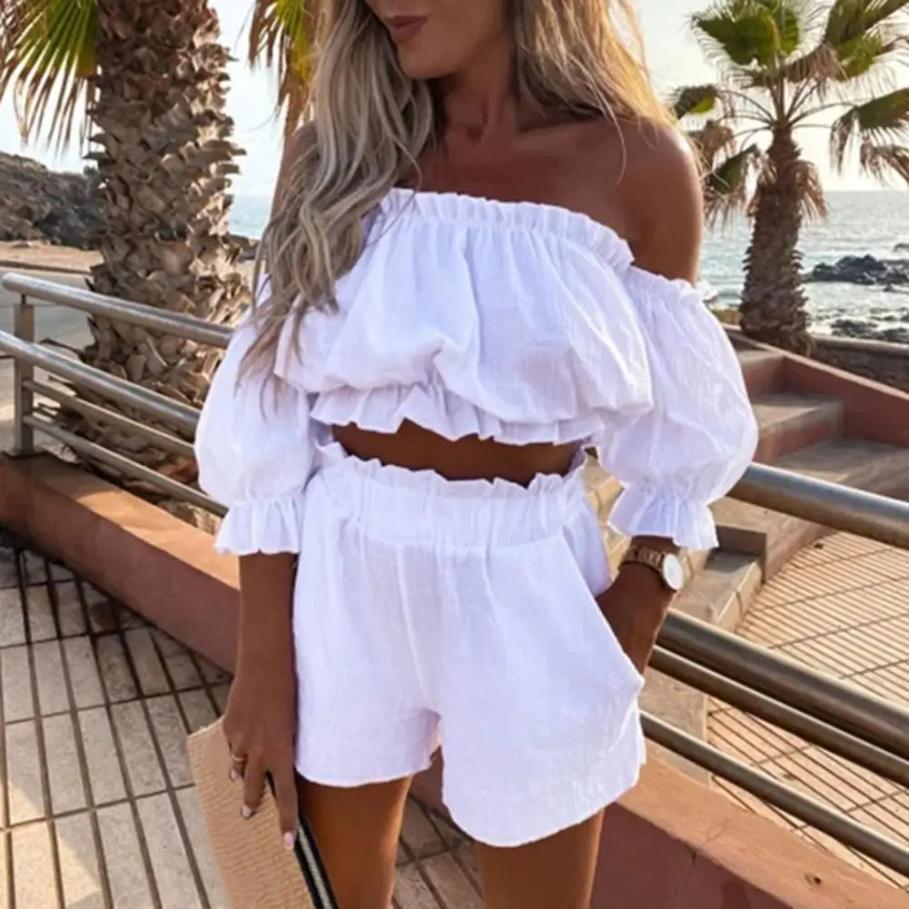 Women Casual Short Sleeve Outfit 2024 Summer Fashion One-Word Collar Lantern Sleeve Pocket Suit Female Top Shorts Two Pieces Set