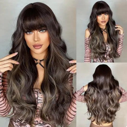 

Synthetic Wigs Long Wavy Dark Brown with Highlight Hair Wig with Bangs for Women Daily Cosplay Natural Wigs Heat Resistant