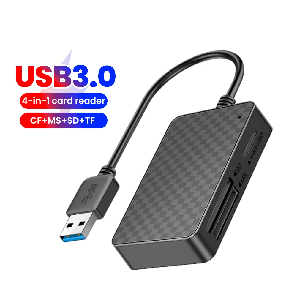 USB 3.0 High-speed Multifunctional 4 in 1 Card Reader CF/MS/SD/TF Card Slot for Cameras, Mobile Phones, Tablets