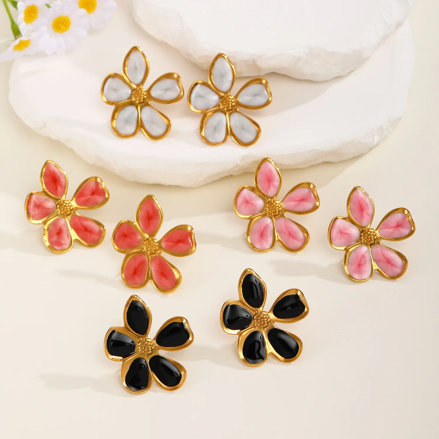 Vintage Five Petals Flower Stainless Steel Earrings for Women Qualified No Fade Glazed Colorful Geometric Earring Party Jewelry