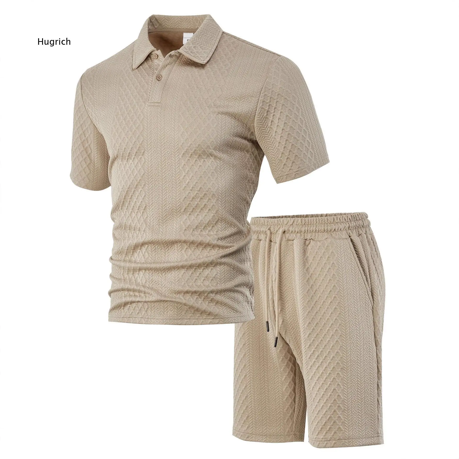 Mens Summer Matching Set Turn Down Collar Diamond Jacquard Short Sleeve Polo Shirt And Drawstring Elastic Waist Casual Shorts