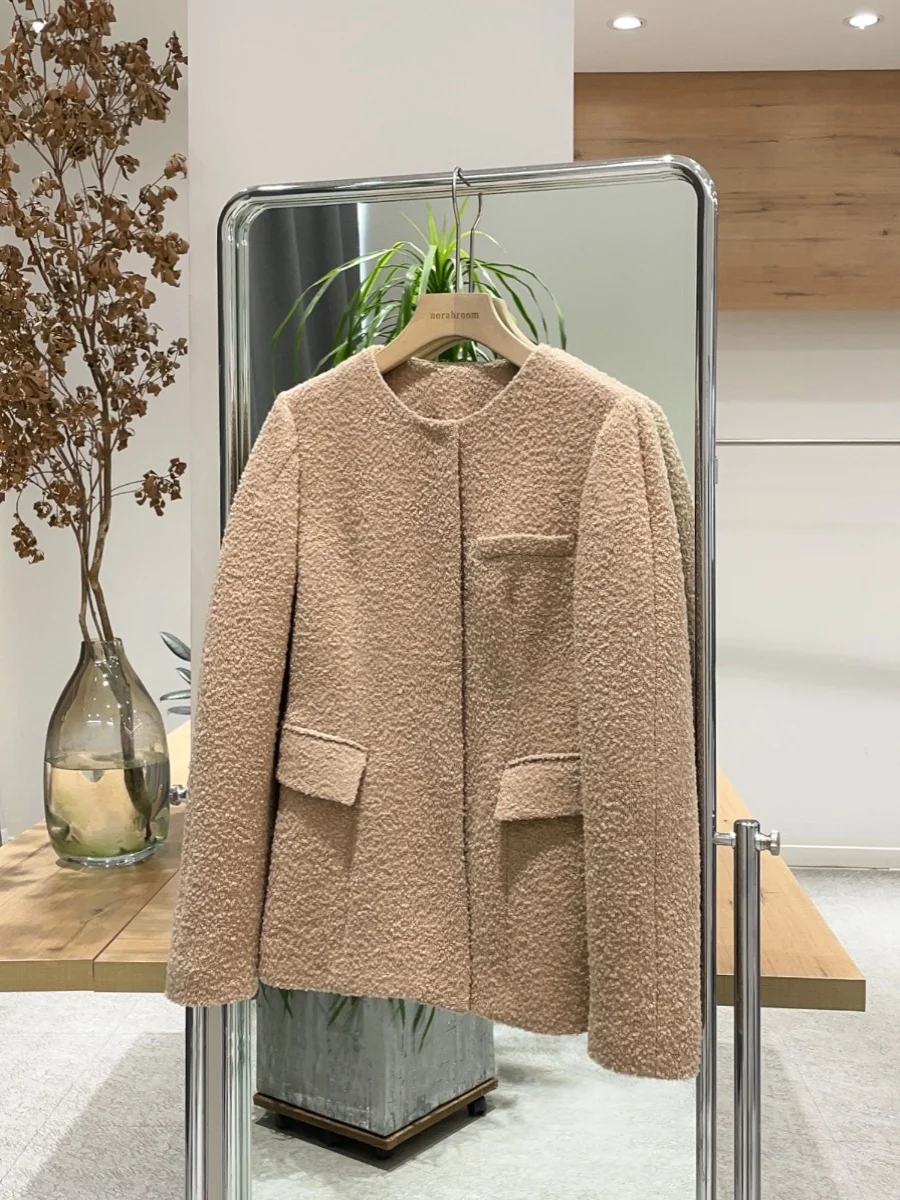 Nuo Xiaola Authentic 2026 Spring New  Brand RA Circle Woolen Coat Light Camel Black Commute Style Slim Fit Wool Blend