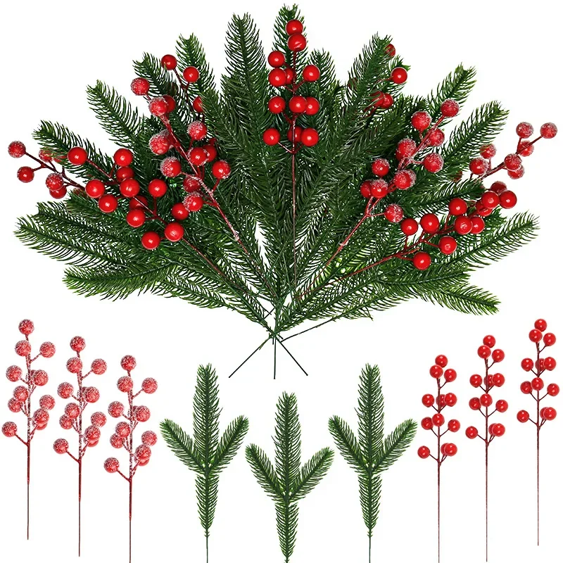 10/3PCS Christmas Decoration Artificial Pine Branches Holly Berries Red Berry Branches for Christmas Tree Wreath Gifts Decor