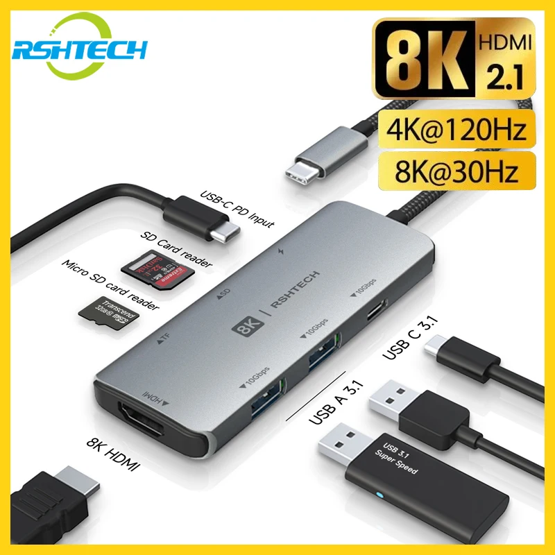 rshtech 8k usb c hub 4k hdmi dongle adaptador 10gbps portas de dados usb 100w entrega de energia leitor de cartao sd tf usb 31 32 gen hub 01