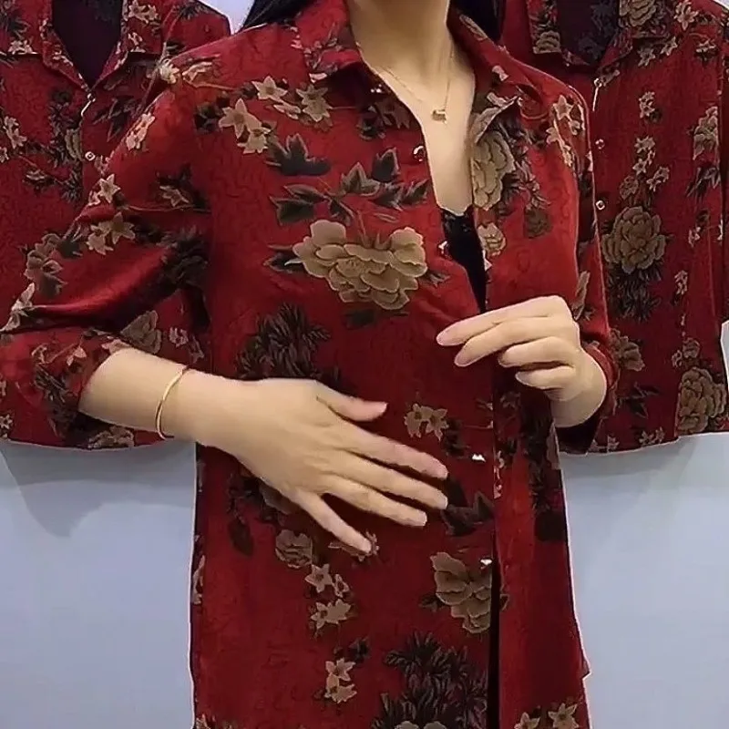 2023 Spring and Autumn Women\'s Cardigan Polo Solid Color Printed Button Up 3/4 Sleeve Flower Coat Fashion Casual Elegant Tops