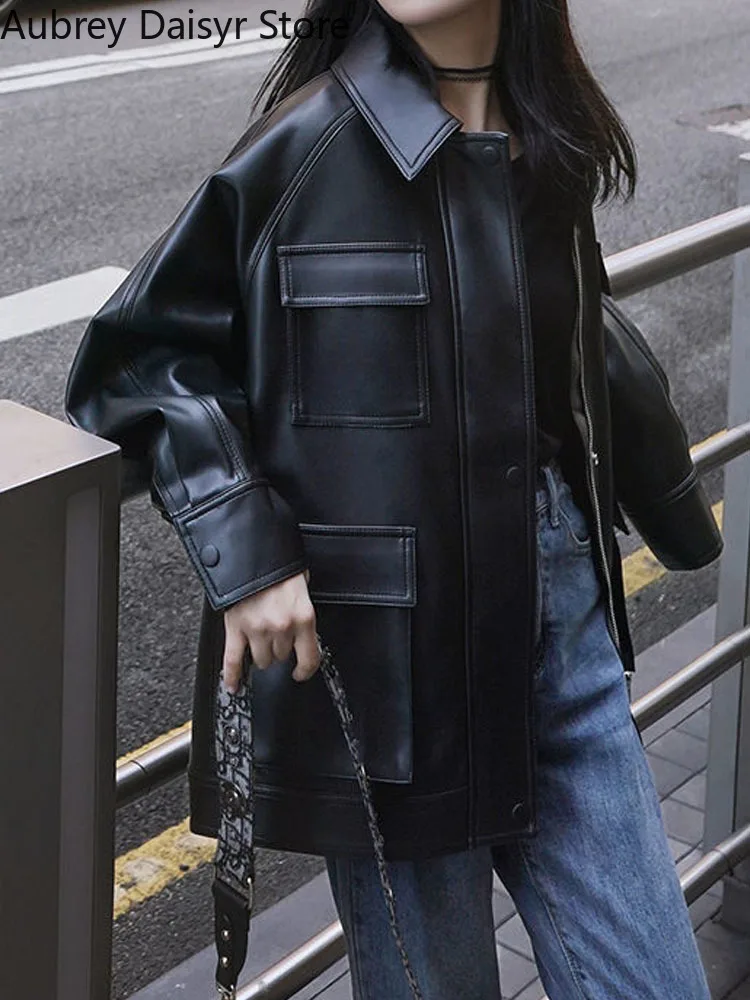 

Autumn Streetwear Black Leather Jacket Women High Street Harajuku Zipper Leather Moto Jacket Casual Loose Oversize Warm Coat Y2k