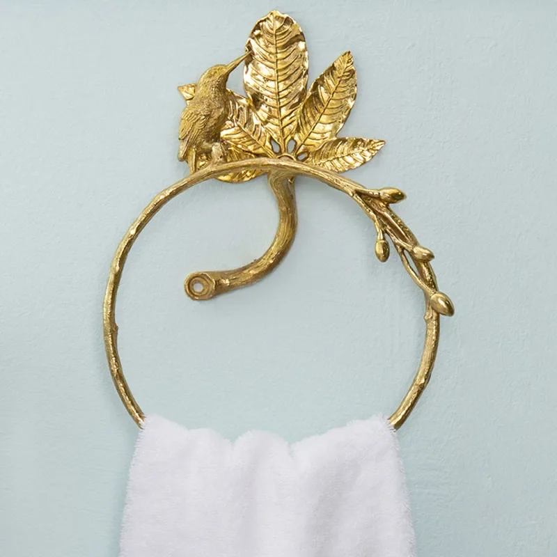 Retro Brass Bird Towel Ring Bathroom Towel Holder Perforated Wall Hanging Storage Rack Luxury Light