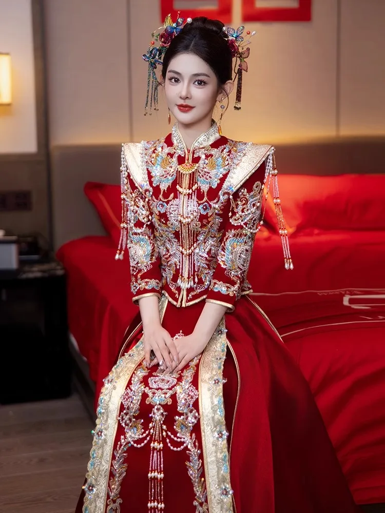 

Velvet ow Heifu Wedding Dr plus Size for plus Size Brides Traditional Chinese Sle Heavy Embroidery Slimming Effect