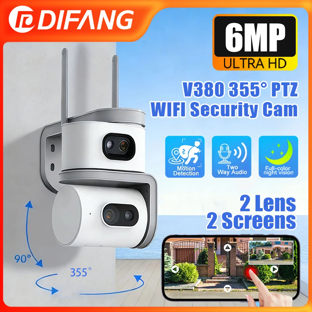 V380 6MP WiFi Outdoor Security Camera 2 Lens 2 Screens Auto Tracking Audible Alarm Full-Color Night Vision 7/24H Recording CCTV