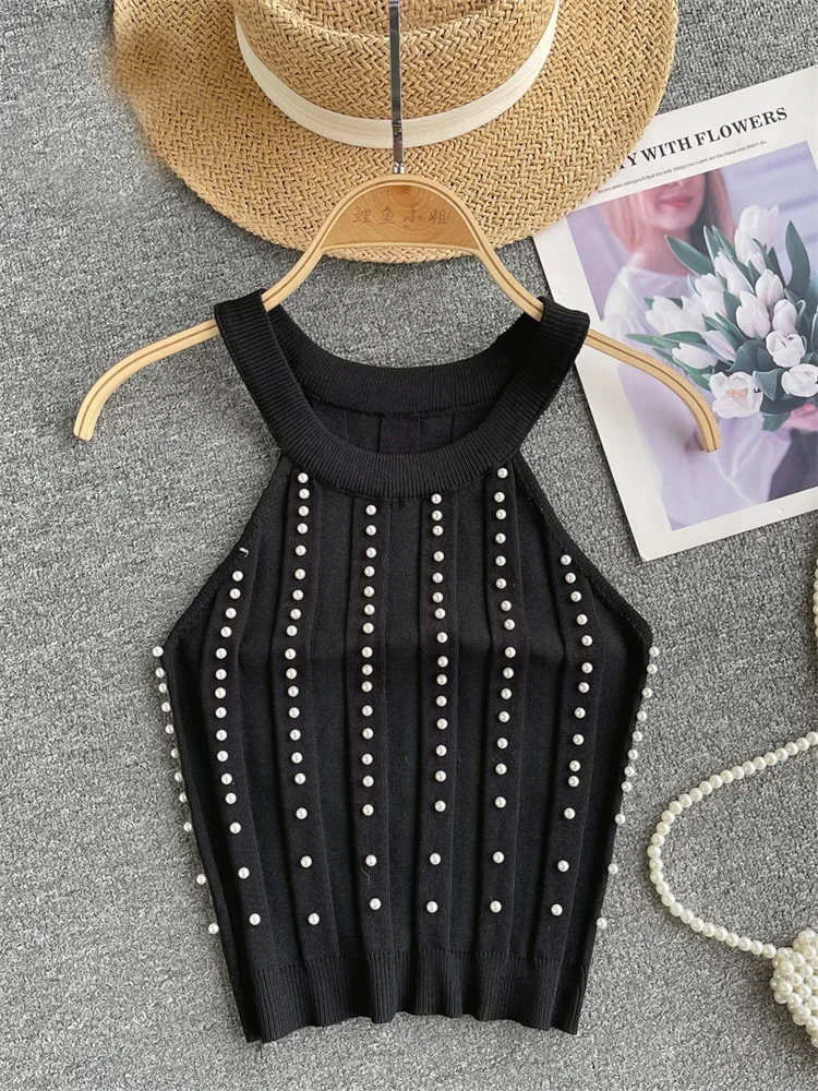 Zik Hekiy Pearls Women Tops Strapless Backless Slim Fit Senior 2024 Korean Style Fashion Streetwear Mini Knitted Tank