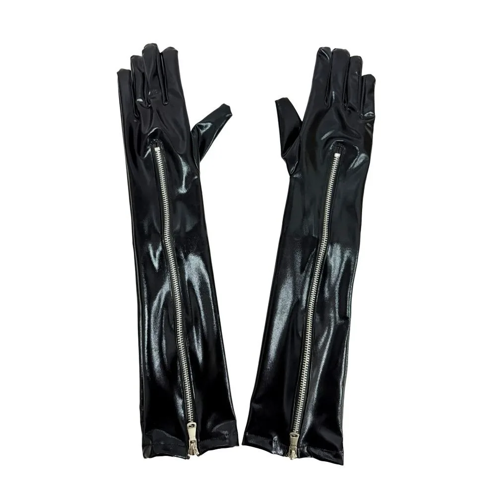 Slim Elastic Zipper Long Gloves Cloth Elbow Long Patent Leather Black Gloves Sun Protection Punk Women Gloves Photography