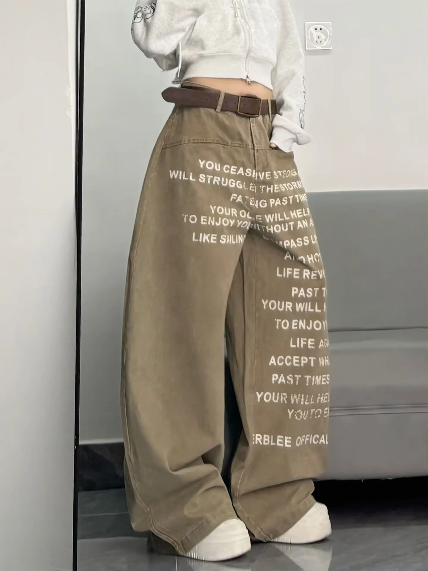 Pantalones vaqueros de pierna ancha holgados de color caqui con estampado de letras para mujer, ropa de calle Vintage de estilo callejero Unisex, pantalones vaqueros informales para mujer, novedad