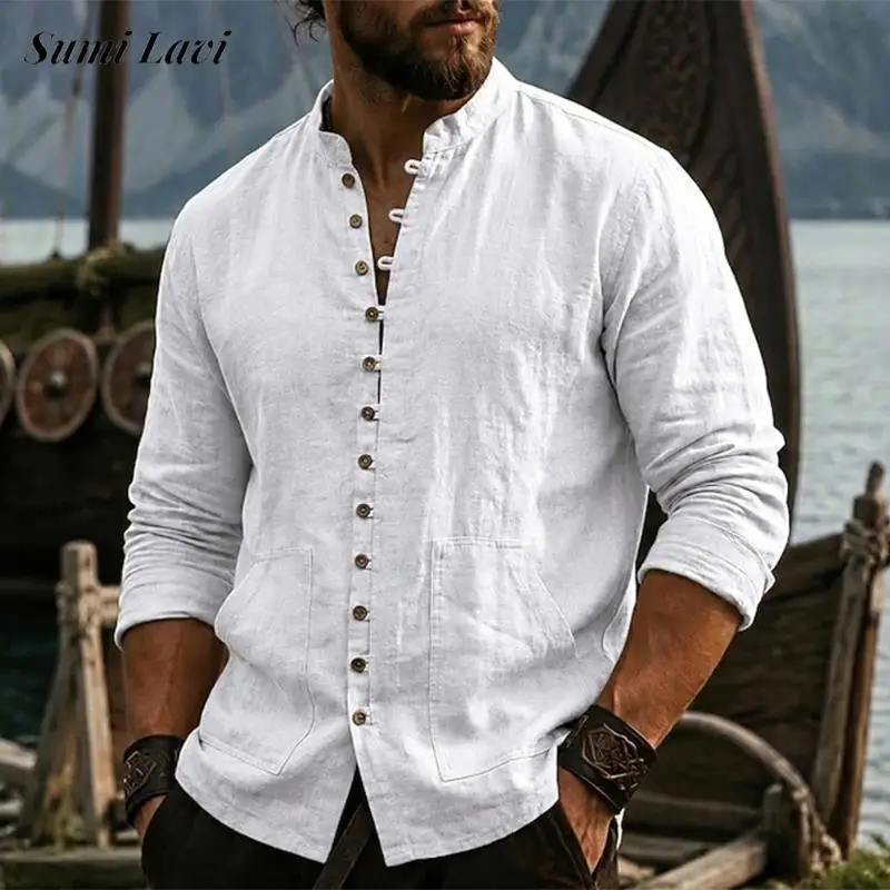 Daily Casual Linen Shirt Tops Mens New Chinese Style Stand Collar Cardigan Autumn Solid Color Button-up Long Sleeve Shirts Men