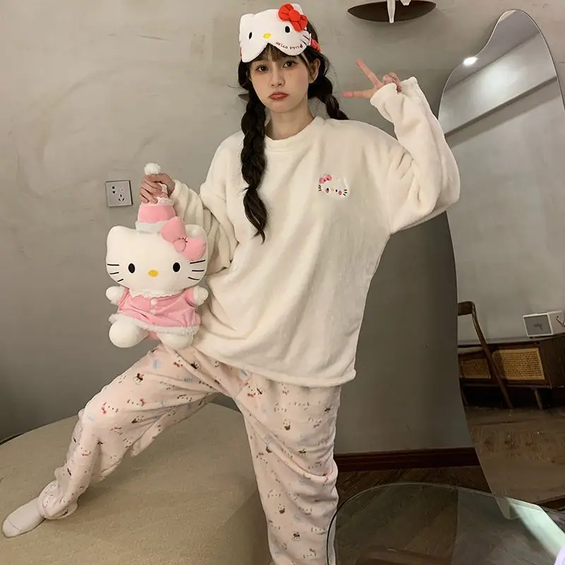 Kuchen Hellokitty Winter Flanell Mädchen Langarm Hosen Plus Samt Verdickt Bequeme Warme Pyjamas Set Lose Hause Kleidung
