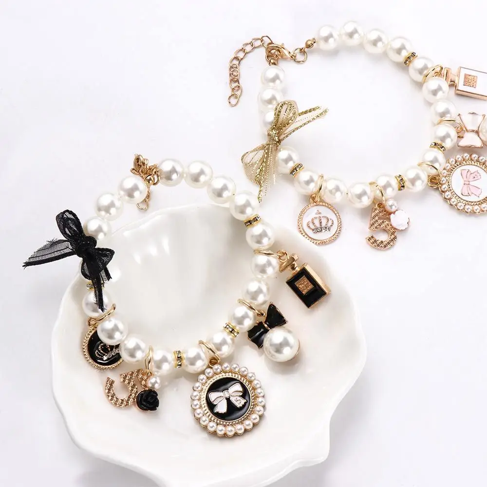 Wedding Jewelry Stuff Sweet Rhinestone Puppy Accessories Princess Pearl Necklace Bow Collar Pet  Collars Cat Jewelry