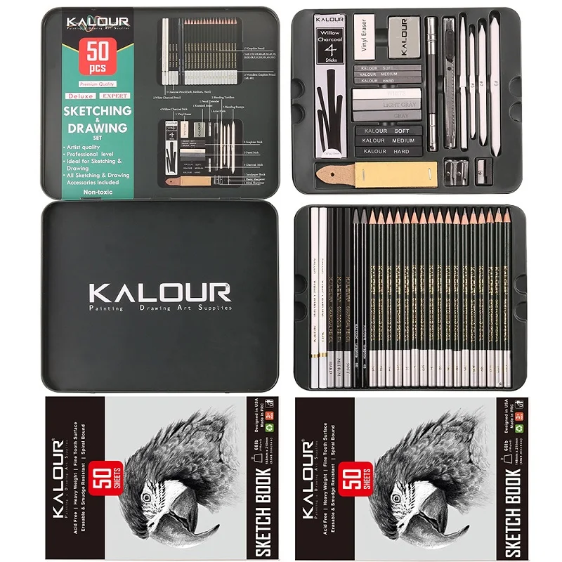 Kalour 52pcs Sketch Supplies Stationery Art Set Drawing Kit Canvas Bag With Sketchbook Charcoal Graphite Pencil Tin Box