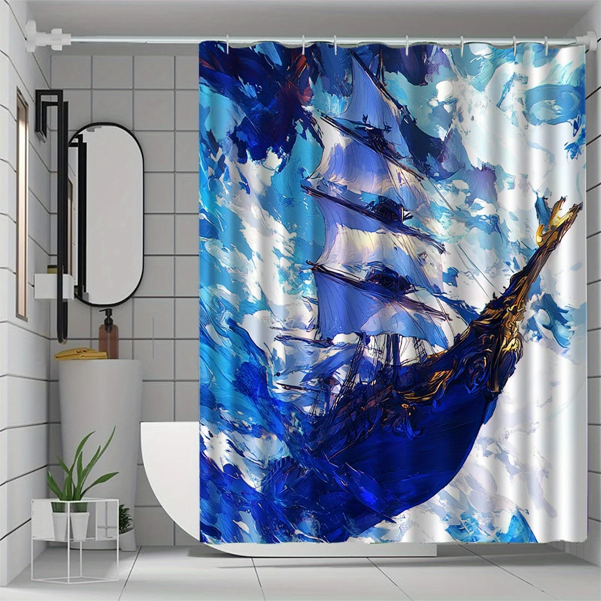 

Stunning Blue Ocean Ship Waterproof Mildew-Resistant Shower Curtain - Nautical Adventure Design for a Bold Bathroom Décor
