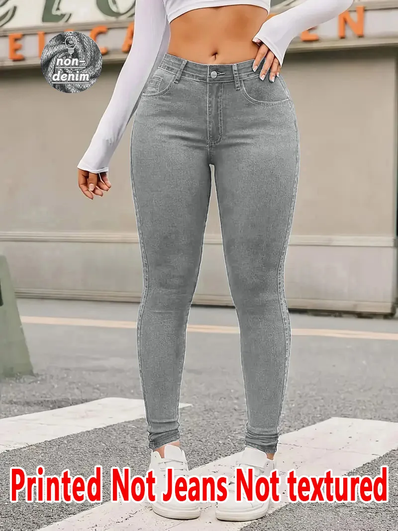 1130 Ladies Printed Tight Pants Non- Denim Fabric Textureless Denim Print Base Layer Pants Four Seasons Wearable Ladies Trousers