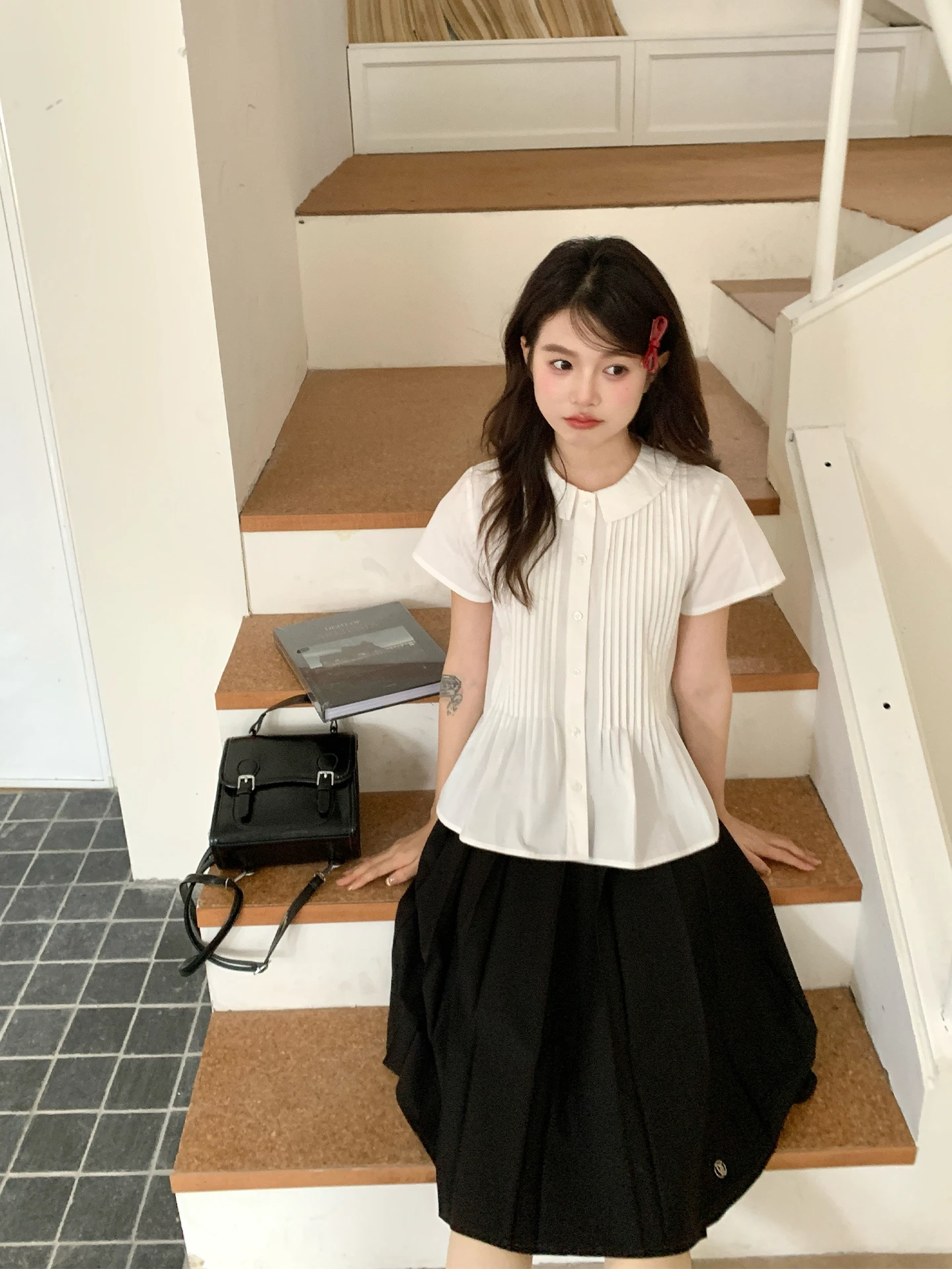

Tokyo Annual Record JK Original Doll Collar ort Sve White irt Women Summer Sweet Breathable Slimming Top Cotton Button up