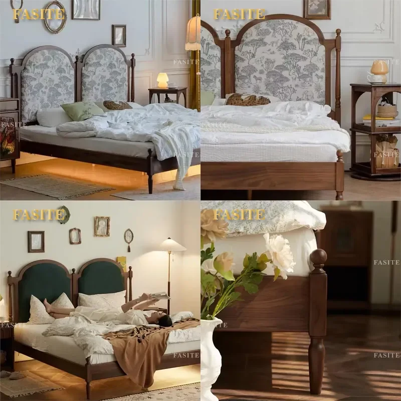 For 1.8m French Retro Black Walnut Soft Bed Nordic Modern Solid Wood Double Bed Large Bedroom Furniture Comfortable Durable