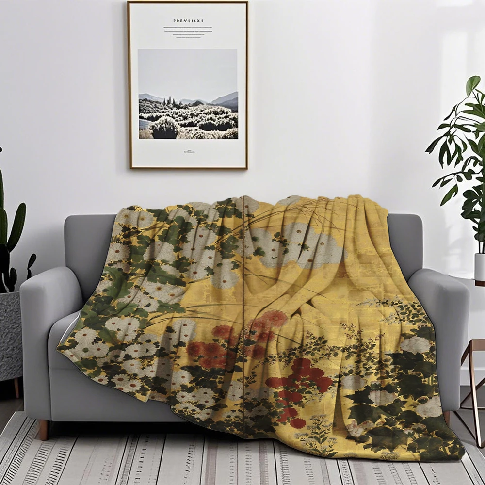 الربيع/الخريف الصوف بطانية أبيض أحمر أقحوان الأزهار اليابانية الذهب شاشة طباعة رمي غطاء لحاف الأوروبية الكلاسيكية