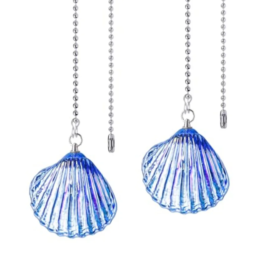 2 Pack Silver Ceiling Fan Pull Chain Extension, Glass Shell Shaped Pendant Pull Chains for Ceiling Fans and Lights, Decorative