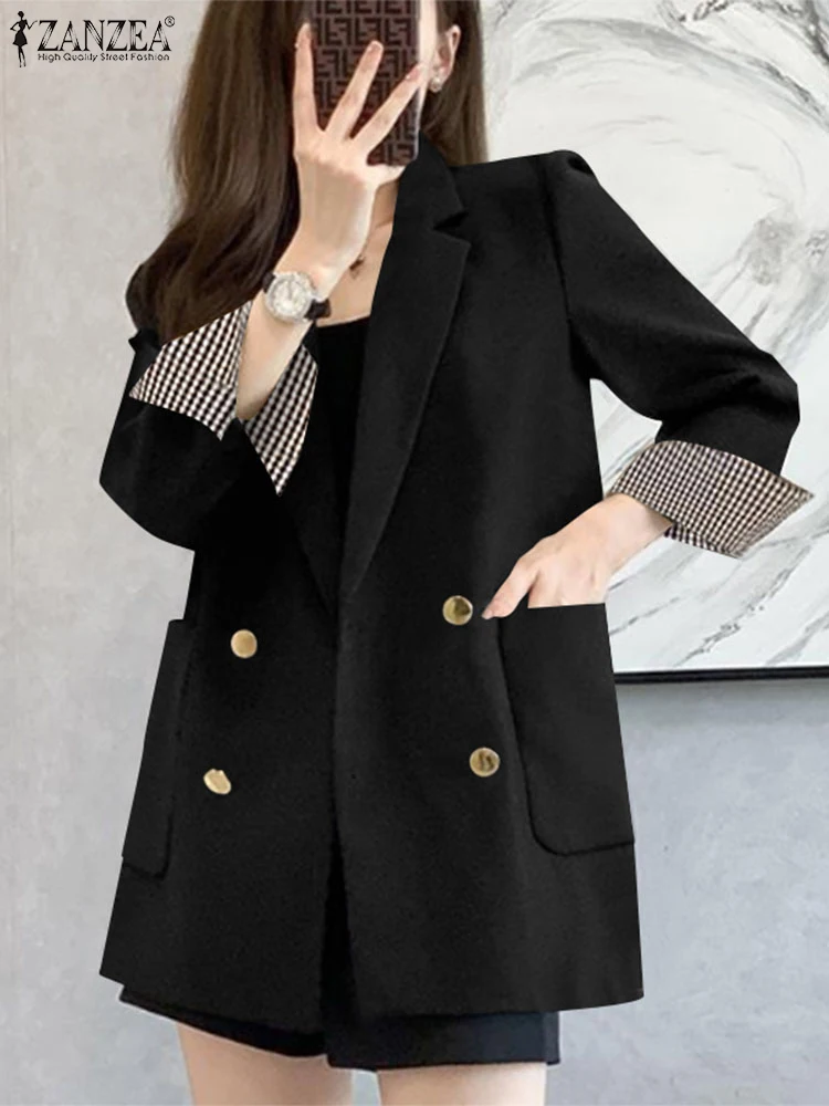 ZANZEA Elegant Lapel Collar Outwears Women Autumn Blazer Long Sleeve Plaid Patchwork Suit Double Breasted Pocket Commuting Coat