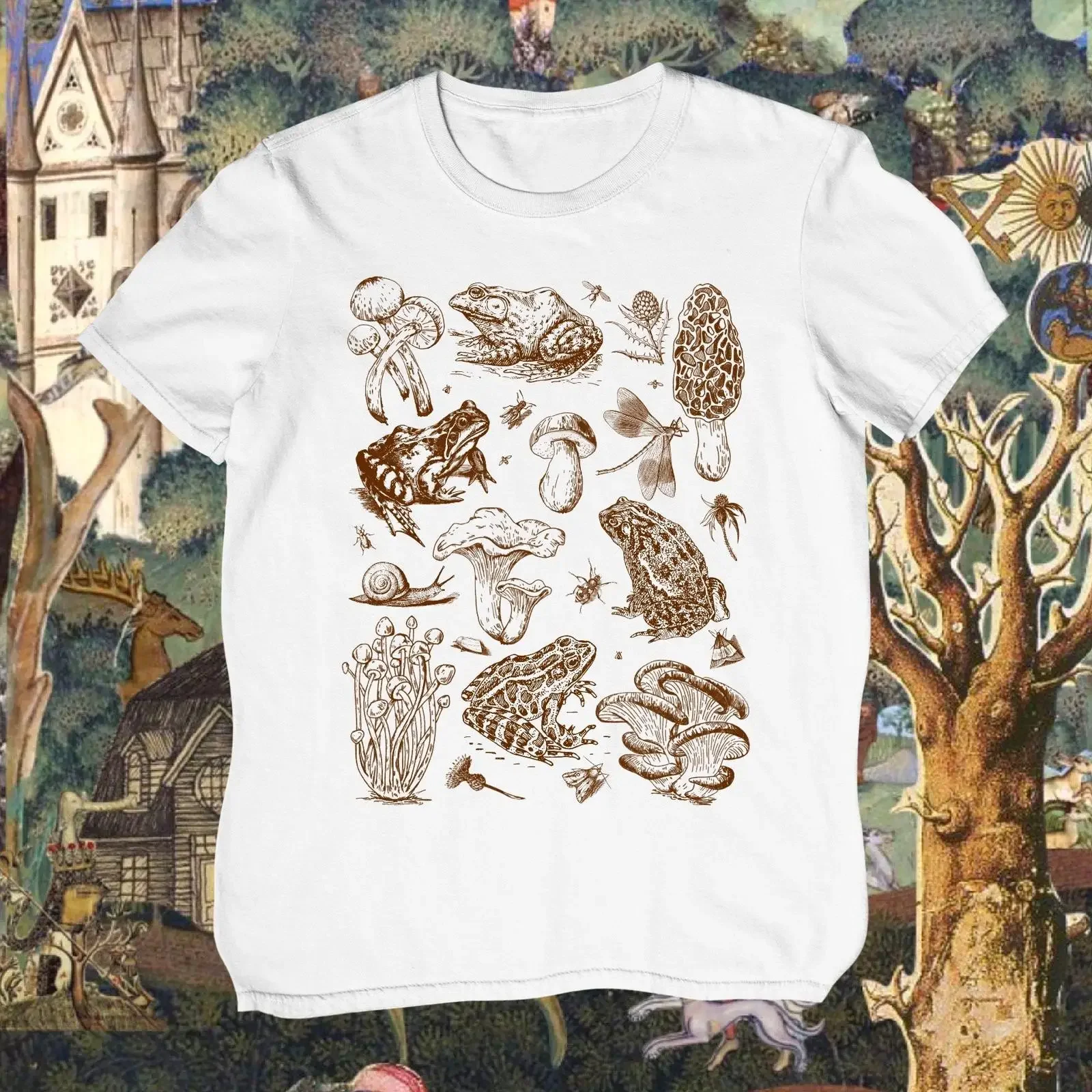 Frogs and Mushrooms T Shirt Vintage Botanical Cottagecore Goblincore Aesthetic Frog Toadstool  vintage Washed Unisex Stylish