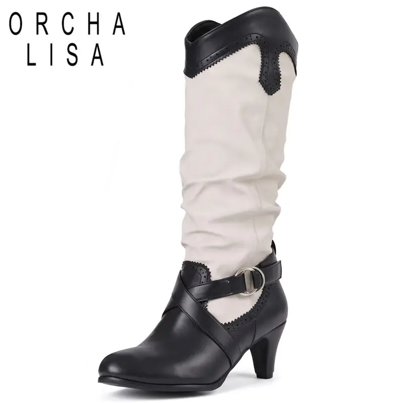 ORCHA LISA Women Knee High Boots Round Toe 6.5cm Block Heel Slip On Belt Buckle Splicing Mixed Color Big Size 42 43 Black Winter