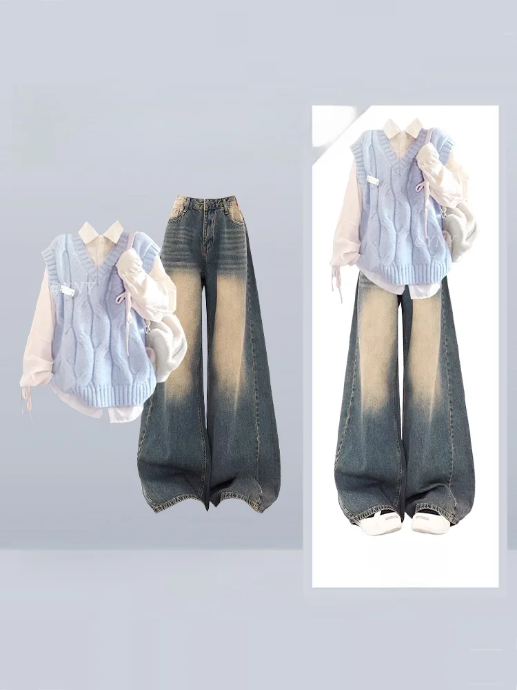 

Корейский студенческий вязаный свитер, жилет, женский джинсовый комплект из двух предметов, длинный воротник свека, высокая талия, прямые брюки, J...