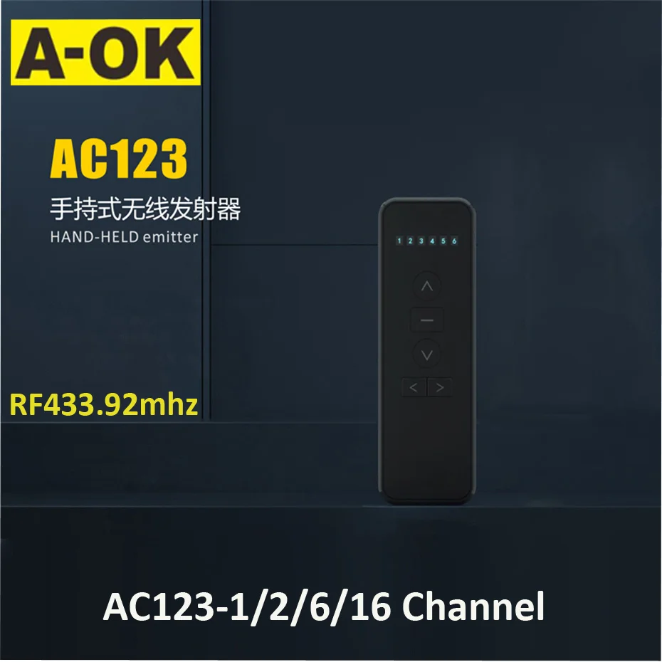 

A-OK RF433 wireless Remote emitter AC123-1 AC123-2 AC123-6 AC123-16 for A-OK RF433 Curtain Motor,RF433 Tubular Motor,Black Color