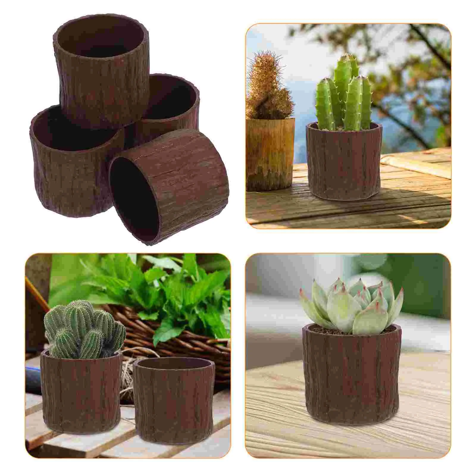 4 Mini Faux Wood Grain Plastic Flower Pots Ideal for Small Plants Succulents Balcony Indoor Decor Compact Rustic Bark
