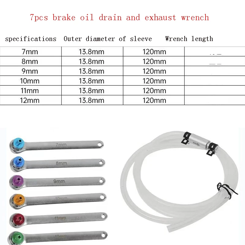 Brake Bleeder Wrench Set 7-12mm 6Pcs 12-Point Wrenches With 1.2m Brake Fluid Clutch Bleeder Hose Auto Brake Bleeding Tool