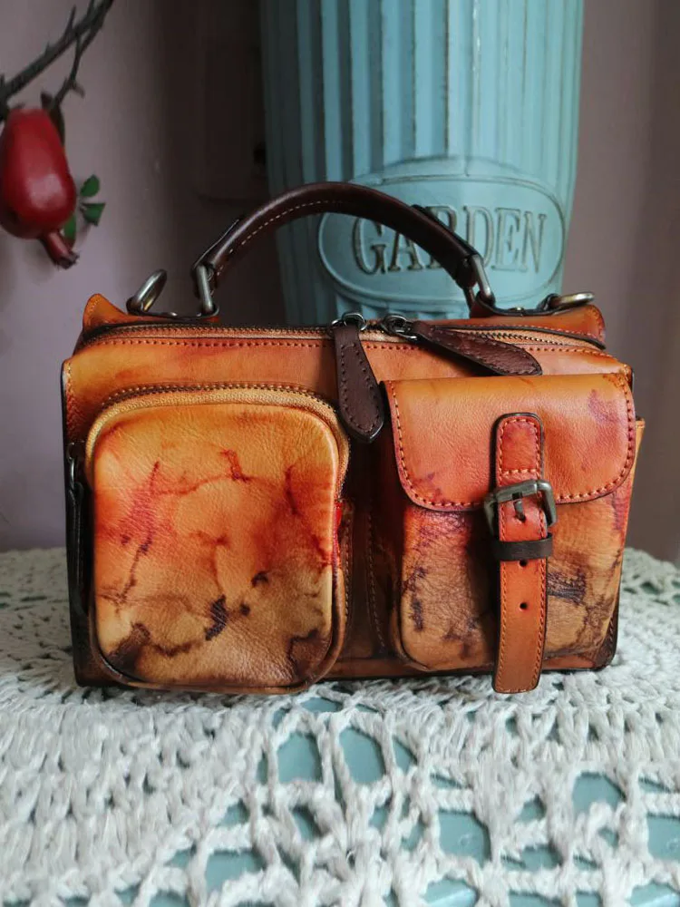 Handmade Women Vintage Genuine Leather Messenger Bag Multiple Pockets Big Capacity Work Casual Shoulder Bags Sling Crossbody Bag