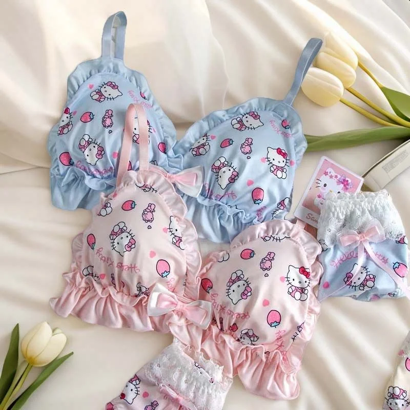

Kawaii Hello Kitty Underwear Set Anime Sanrio Sexy Underwear Y2K Cute Cartoon Bra Panties Sets Without Steel Ring Women Bikini